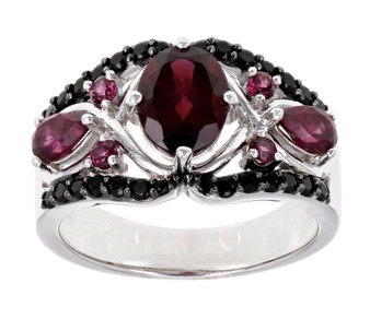 rhodolite garnet and black spinel ring in rhodium over sterling silver