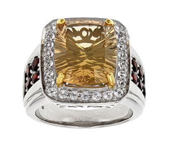 champagne quartz garnet and white topaz gents ring in 18k yellow gold and rhodium over sterling silver