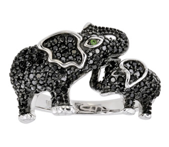 black spinel and chrome diopside mother and child elephant ring in black and white rhodium over sterling silver