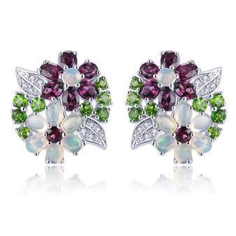 rhodolite garnet opal and chrome diopside floral cluster earrings in rhodium over sterling silver