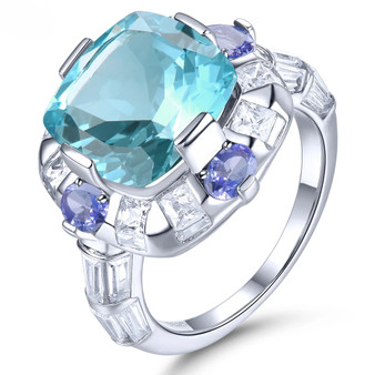 sky blue topaz tanzanite and white zircon statement ring in rhodium over sterling silver