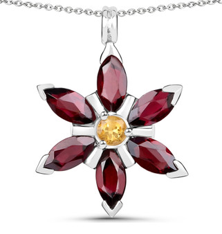 rhodolite garnet and citrine flower pendant necklace in rhodium over sterling silver