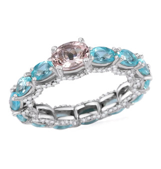 morganite blue apatite and moissanite eternity band ring in rhodium over sterling silver