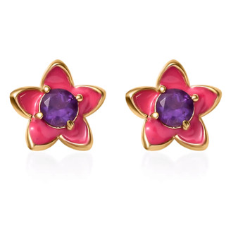 amethyst and pink enamel flower earrings in 18k yellow gold over sterling silver