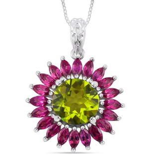 peridot and rhodolite halo pendant necklace in rhodium over sterling silver