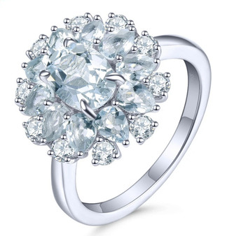 aquamarine and white zircon cluster halo ring in rhodium over sterling silver