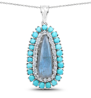 labradorite turquoise and blue topaz halo pendant necklace in rhodium over sterling silver