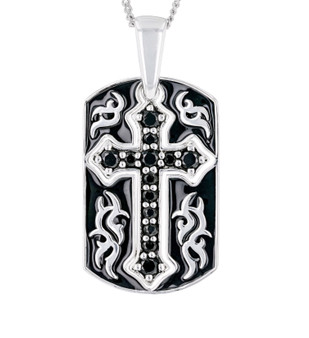 black spinel dog tag cross pendant necklace in black enamel and rhodium over sterling silver