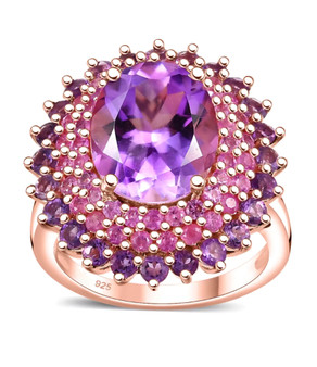 amethyst and pink sapphire halo ring in 18k rose gold over sterling silver