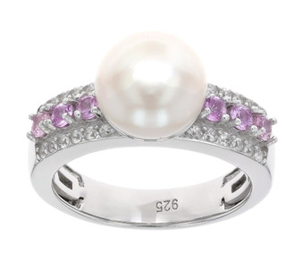 front view of pearl pink sapphire and zircon ring in rhodium over sterling silver