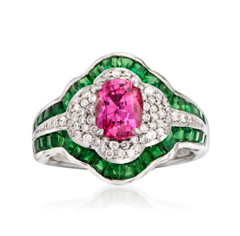 pink sapphire and diamond tsavorite garnet ring in 14k white gold