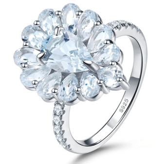 aquamarine and white zircon ring in rhodium over sterling silver