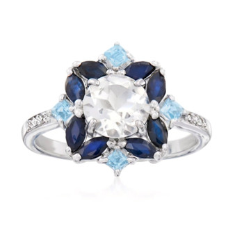front view of white topaz sapphire and sky blue topaz cluster ring in rhodium over sterling silver