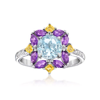 sky blue topaz amethyst and citrine cluster ring in rhodium over sterling silver