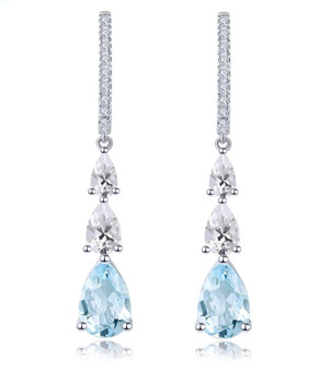 aquamarine and white zircon dangle earrings in rhodium over sterling silver