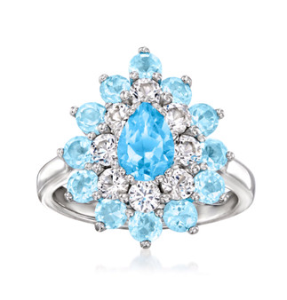 swiss blue topaz sky blue topaz and zircon cluster ring in rhodium over sterling silver