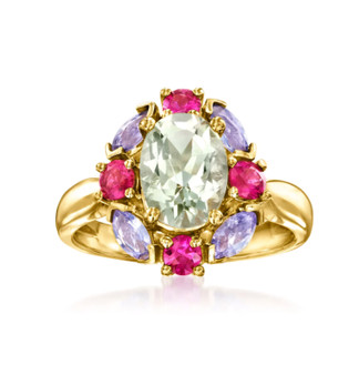 front view of prasiolite pink sapphire and tanzanite cluster halo ring in 14k yellow gold