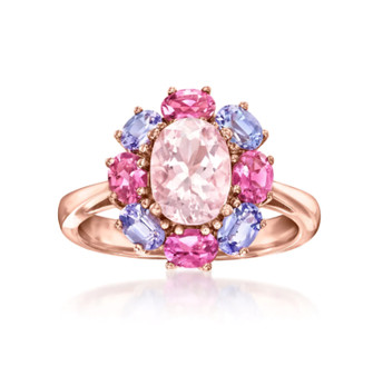 morganite pink tourmaline and tanzanite halo cluster ring in 14k rose gold