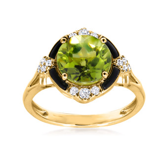 front view of peridot onyx and diamond ring in 14k yellow gold