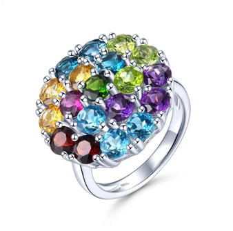 multi gemstone or aquamarine round cluster cocktail ring in rhodium over sterling silver