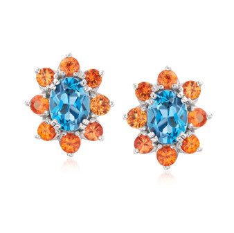london blue topaz and orange sapphire omega back earrings in rhodium over sterling silver