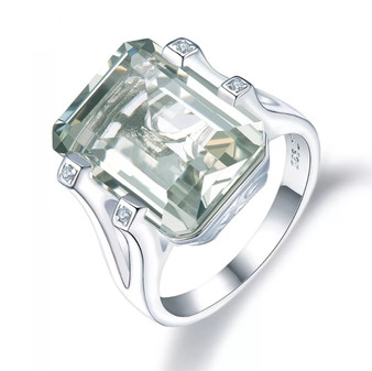 prasiolite and white zircon ring in rhodium over sterling silver