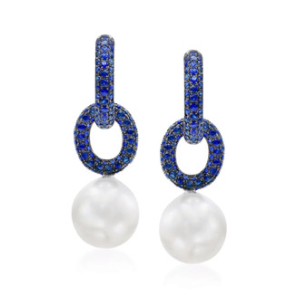 blue sapphire and south sea pearl earrings in 18k white gold
