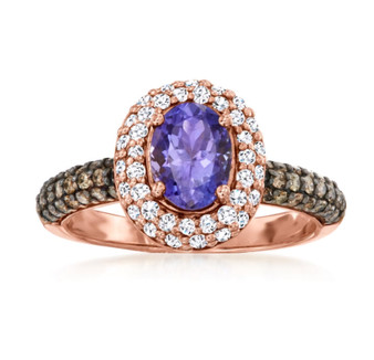 tanzanite brown and white diamond halo ring in 14k rose gold