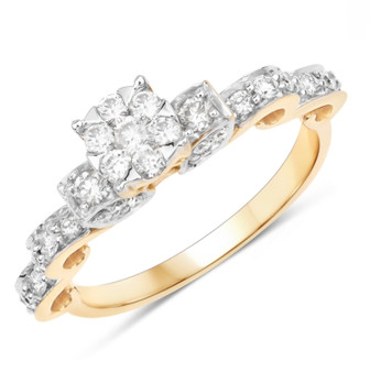 white diamond round cluster wedding ring in two-tone 14k gold
