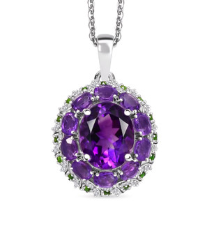 amethyst moissanite and chrome diopside pendant necklace in rhodium over sterling silver