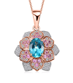 blue apatite pink sapphire and white zircon pendant necklace in 18k rose gold over sterling silver