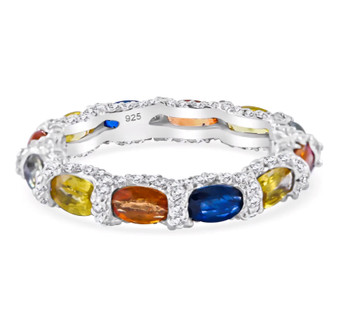 multi color sapphire and moissanite eternity band ring in rhodium over sterling silver