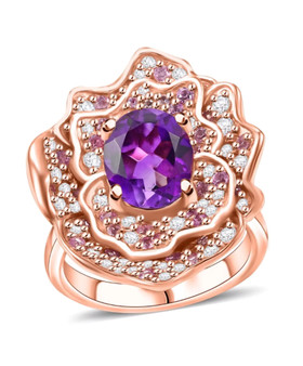 amethyst pink sapphire and zircon flower ring in 18k rose gold over sterling silver