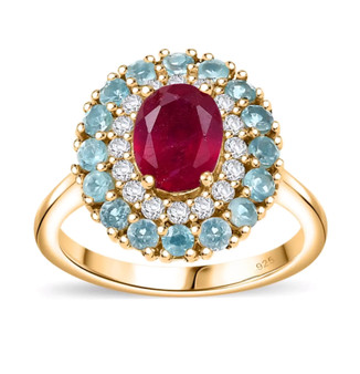 ruby (ff) blue apatite and zircon halo ring in 18k yellow gold over sterling silver