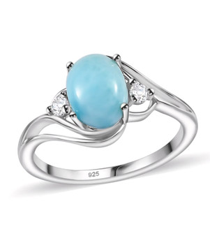 larimar and moissanite three stone ring in rhodium over sterling silver