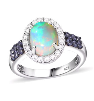 opal tanzanite and zircon halo ring in rhodium over sterling silver