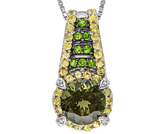 moldavite yellow sapphire chrome diopside and zircon pendant necklace in rhodium over sterling silver