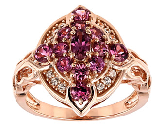 rhodolite garnet and white zircon cluster ring in 18k rose gold over sterling silver