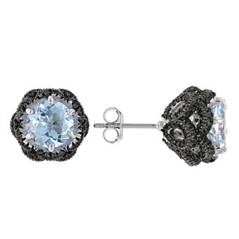 front view of sky blue topaz and black spinel earrings in black and white rhodium over sterling silver