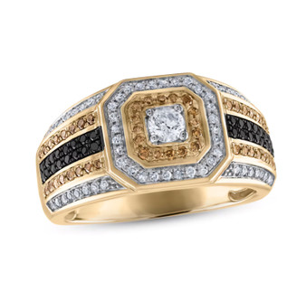 white brown and black diamond gents cluster ring in 10k yellow gold