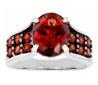 red labradorite and garnet bridge ring in rhodium over sterling silver