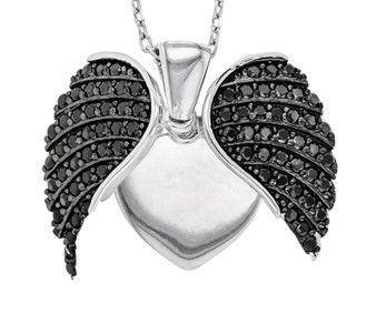 black spinel heart and wing pendant necklace in rhodium over sterling silver