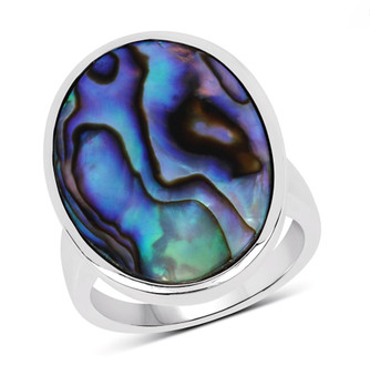 abalone shell oval bezel solitaire ring in rhodium over sterling silver