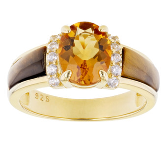 madeira citrine tigers eye and white zircon ring in 18k yellow gold over sterling silver
