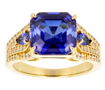 lab blue and white sapphire ring in 18k yellow gold over sterling silver