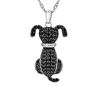 black spinel and white zircon dog pendant necklace in rhodium over sterling silver