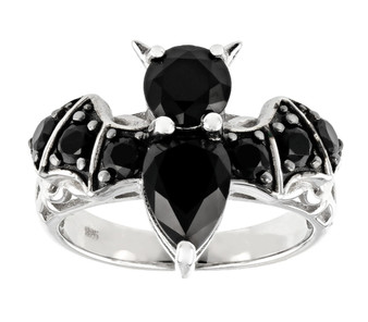 black spinel bat ring in rhodium over sterling silver
