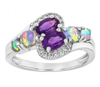 amethyst opal and zircon bypass ring in rhodium over sterling silver