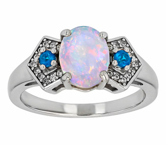 ethiopian opal blue apatite and zircon ring in rhodium over sterling silver
