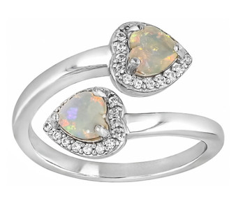 ethiopian opal and zircon heart bypass ring in rhodium over sterling silver